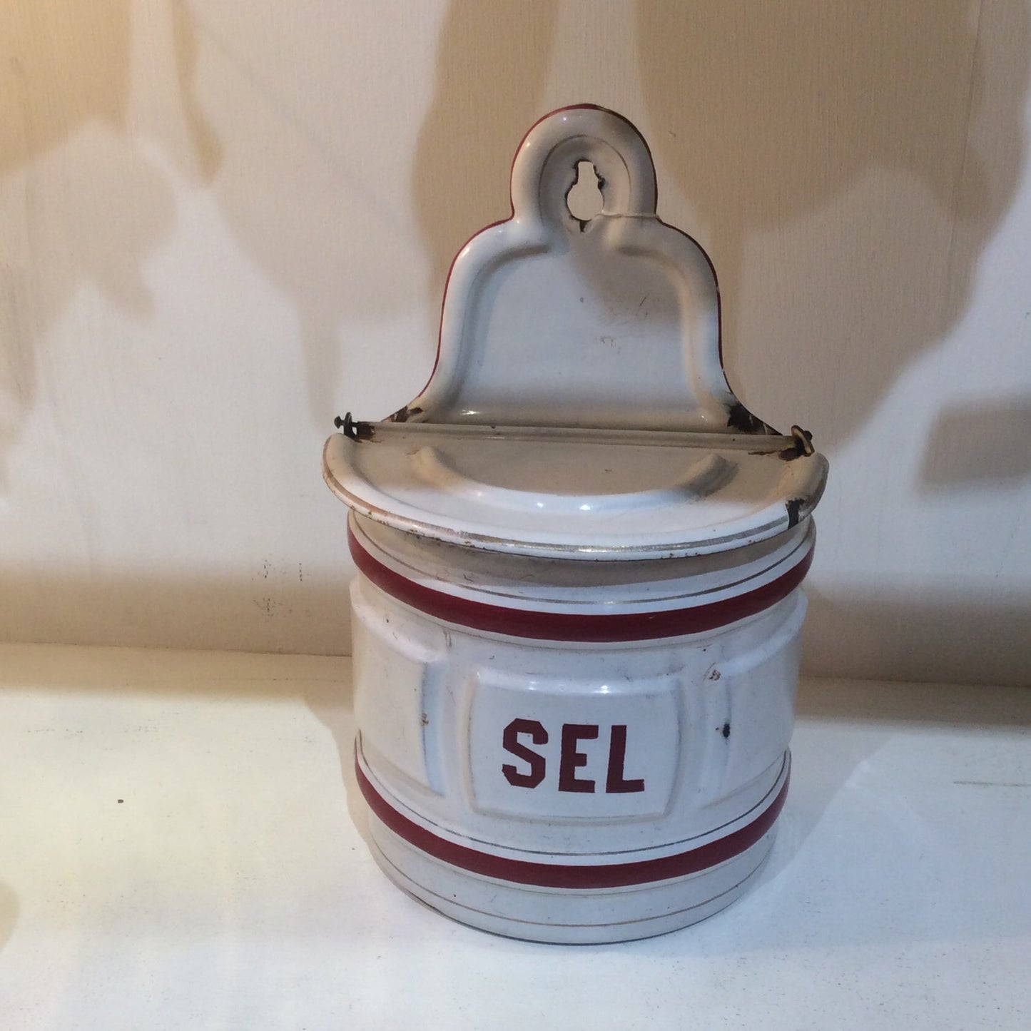 French Metalware Sel (Salt) Keeper - Hanging Red and White Salt Tin